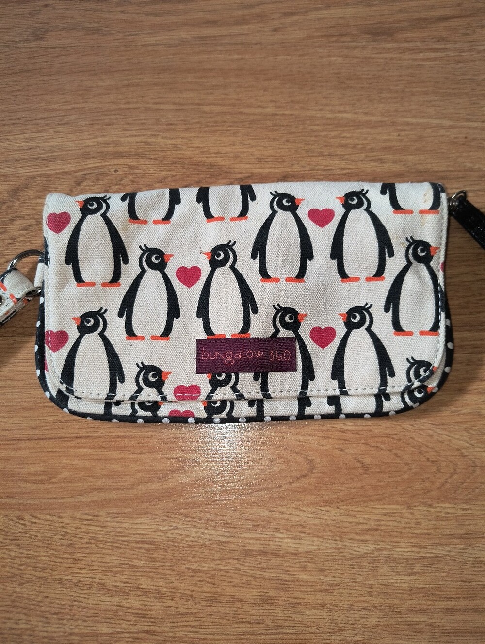 Bungalow 360 Penguin Print Wristlet Wallet - White with Black and Pink Accents
